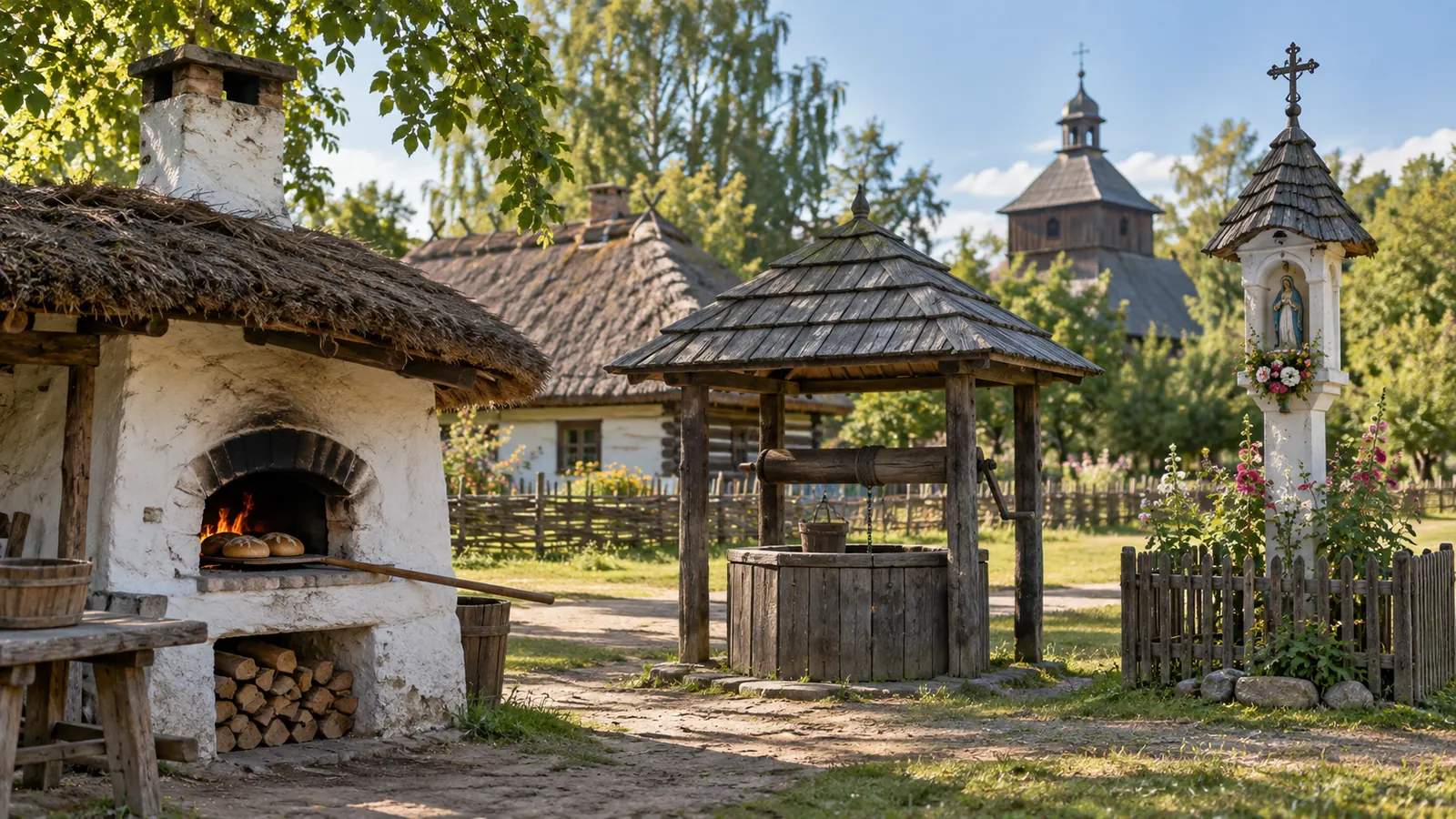 Autorska ilustracja do artykułu „Piece chlebowe, studnie i kapliczki w skansenie”