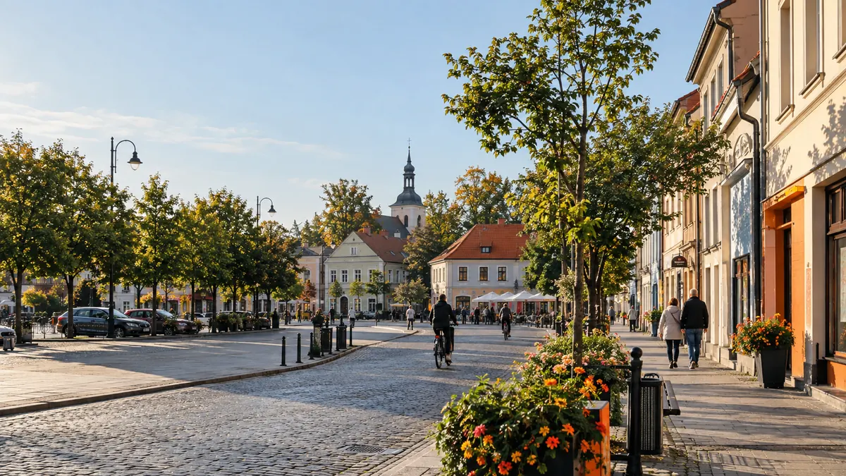Małe wielkopolskie miasto w porannym świetle — wizualizacja ilustracyjna